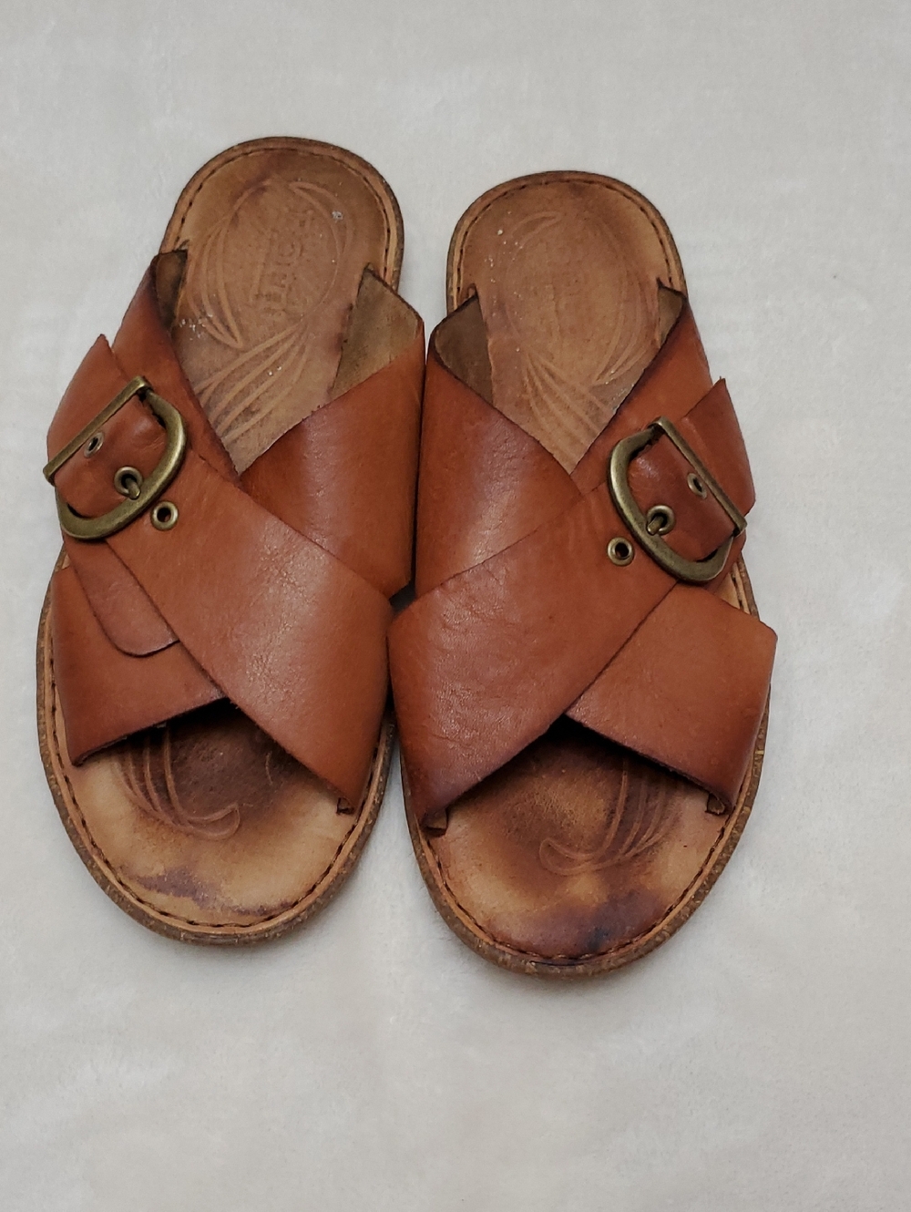 Born Women's Brown Leather Cross-Strap Slide Sandals with Buckle